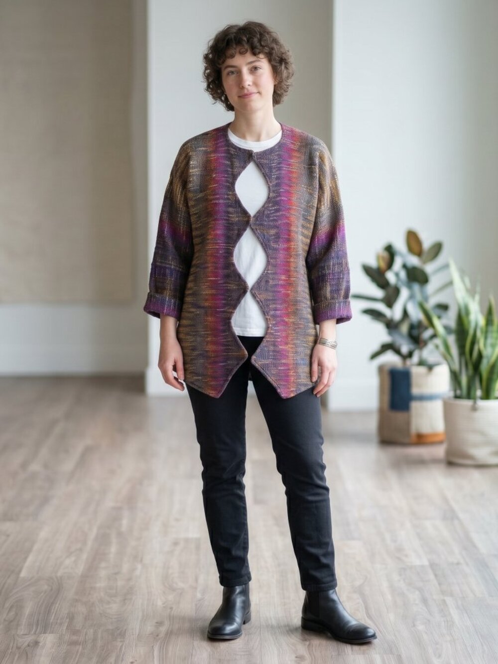 Vintage Arlene wohl handwoven Multicolor Open-Front Knit Cardigan JKT